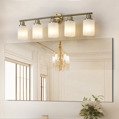 5-Light Gold Vanity Fixture, Frosted Glass Shades, Modern Wall-Mounted Lighting