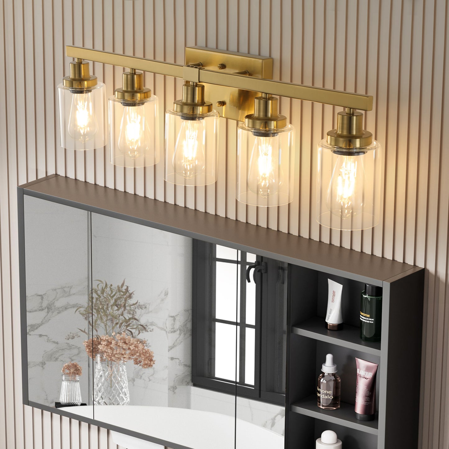 Gold 5-Light Vanity Wall Lamp with Clear Glass Shades