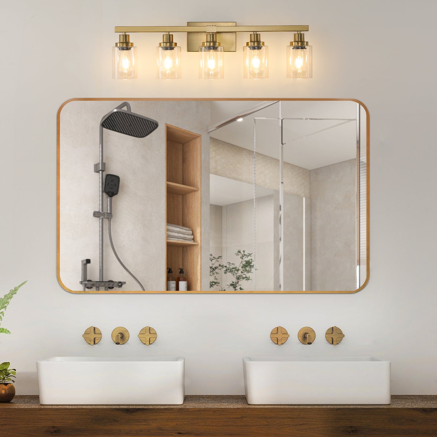 Gold 5-Light Vanity Wall Lamp with Clear Glass Shades