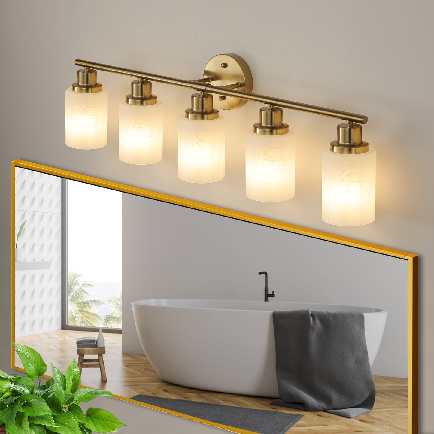 5-Light Gold Vanity Fixture, Frosted Glass Shades, Modern Wall-Mounted Lighting