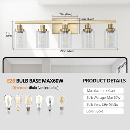 Gold 5-Light Vanity Wall Lamp with Clear Glass Shades