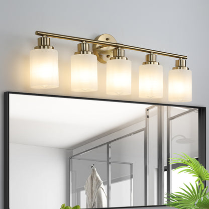 5-Light Gold Vanity Fixture, Frosted Glass Shades, Modern Wall-Mounted Lighting