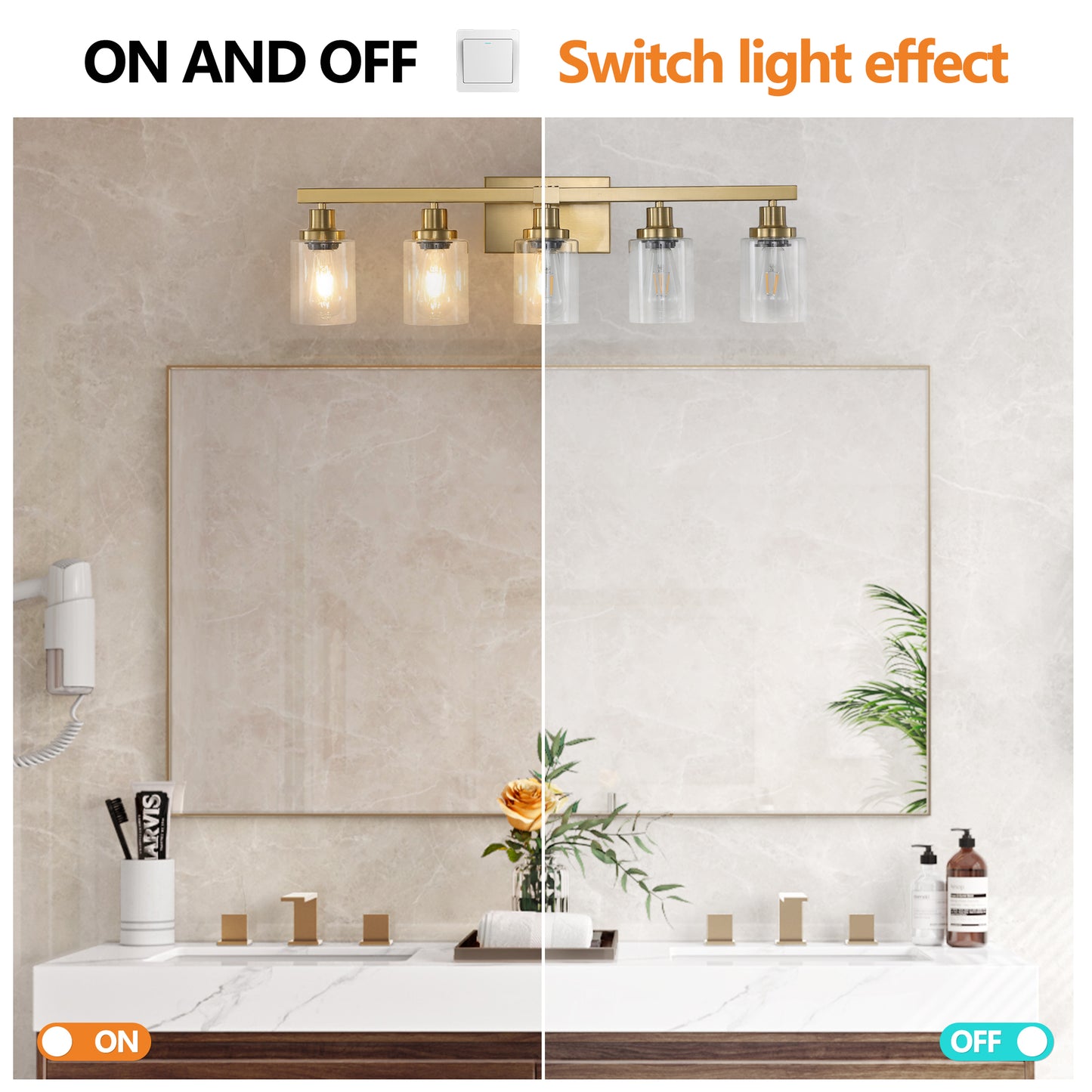 Gold 5-Light Vanity Wall Lamp with Clear Glass Shades