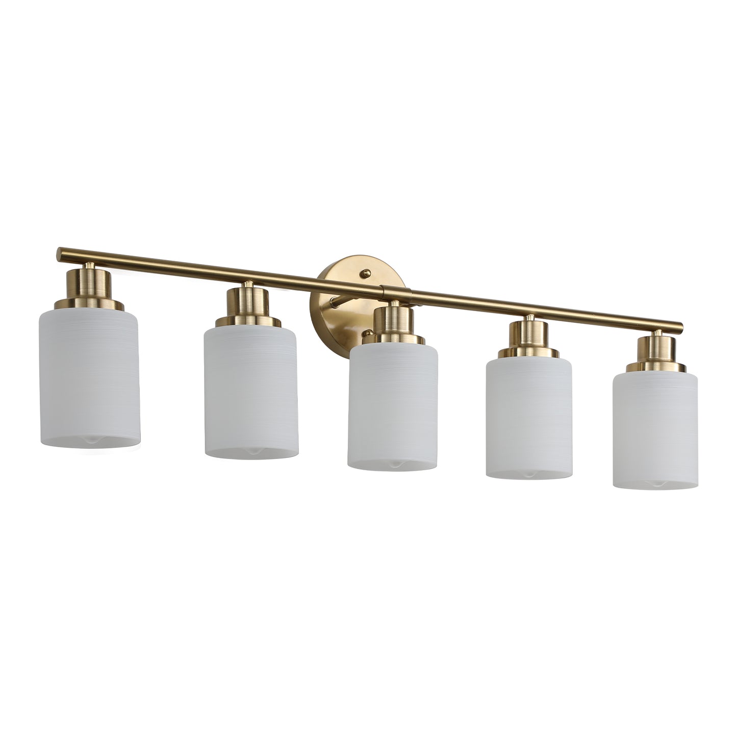 5-Light Gold Vanity Fixture, Frosted Glass Shades, Modern Wall-Mounted Lighting