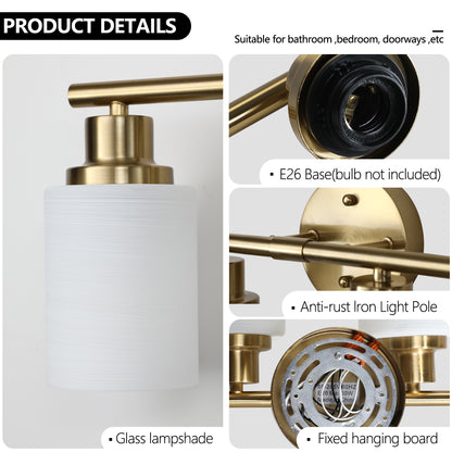 5-Light Gold Vanity Fixture, Frosted Glass Shades, Modern Wall-Mounted Lighting