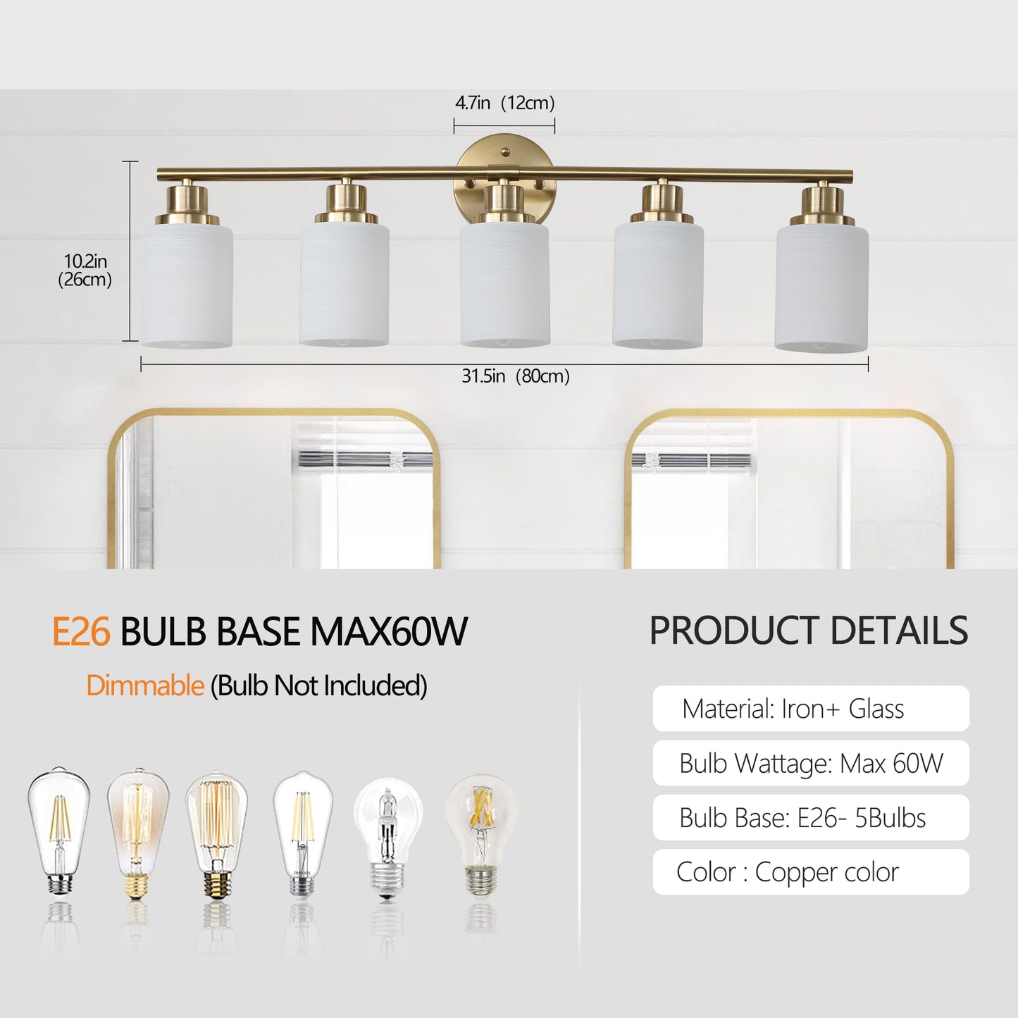 5-Light Gold Vanity Fixture, Frosted Glass Shades, Modern Wall-Mounted Lighting