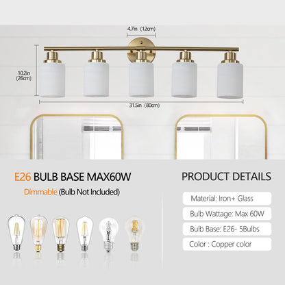 5-Light Gold Vanity Fixture, Frosted Glass Shades, Modern Wall-Mounted Lighting